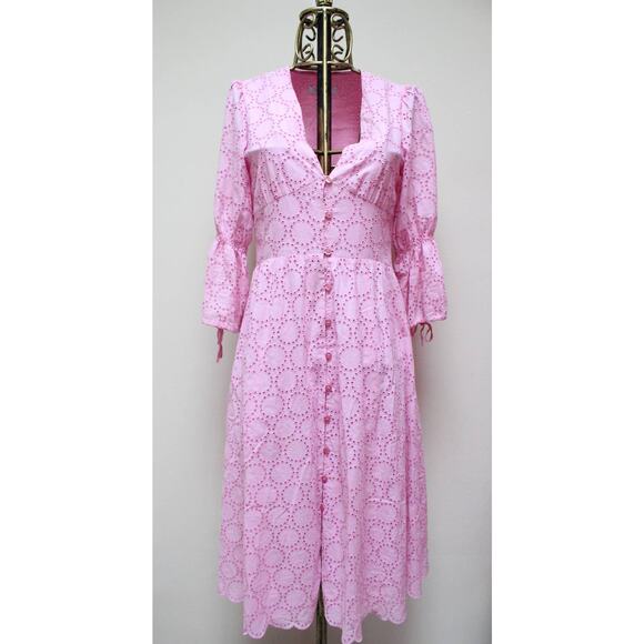 Ivy & Oak Pastel Pink Broderie Anglaise Eyelet Scallop Bell Sleeve Midi Dress 36 - Picture 3 of 9